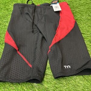 New TYR Men's Durafast Elite Curve Splice Swim Race Shorts Jammer 30" Black Red